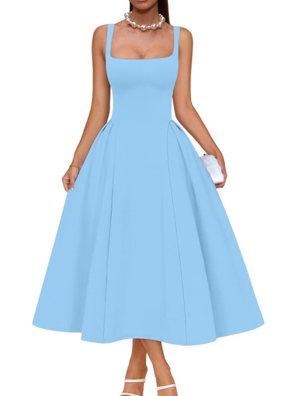 Women's Light Blue Elegant Square Neck Sleeveless Swing A Line Solid Midi Dress
